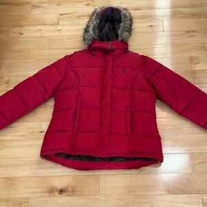US Polo Women's Red Puffer Jacket with Faux Fur Hood XL